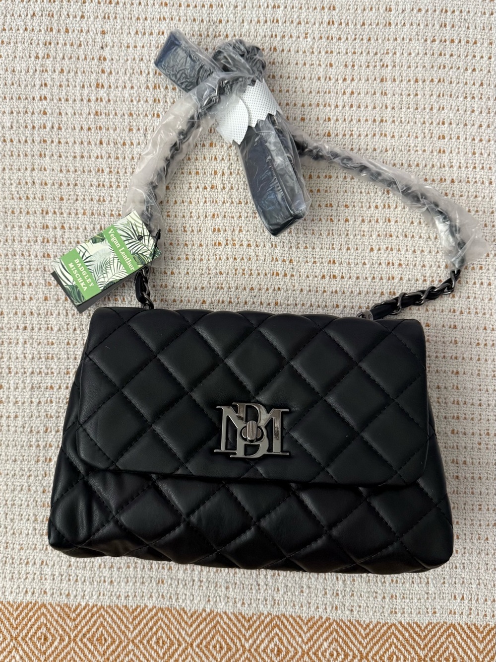 Badgley Mischka Black Quilted Chain Shoulder Bag with Metal Monogram